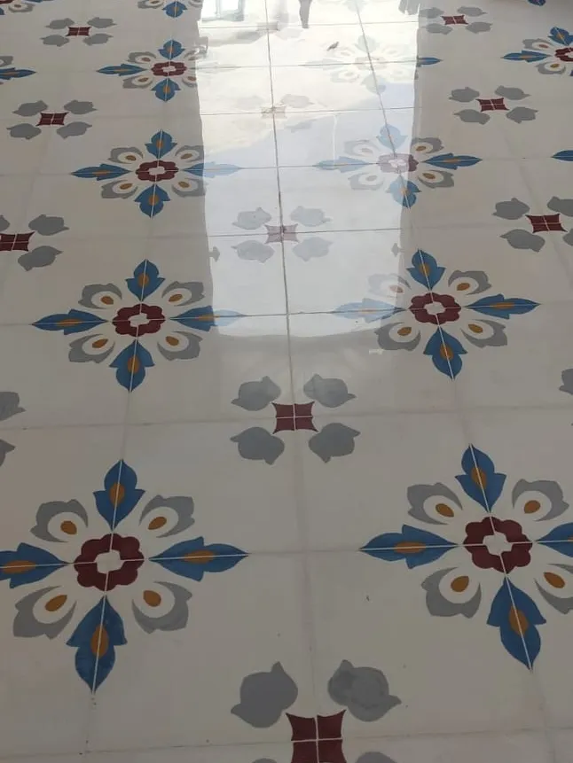 Blue floral cement tiles in a bright room
