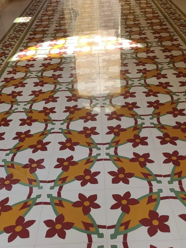 Ochre and red floral tiles catching low sunlight